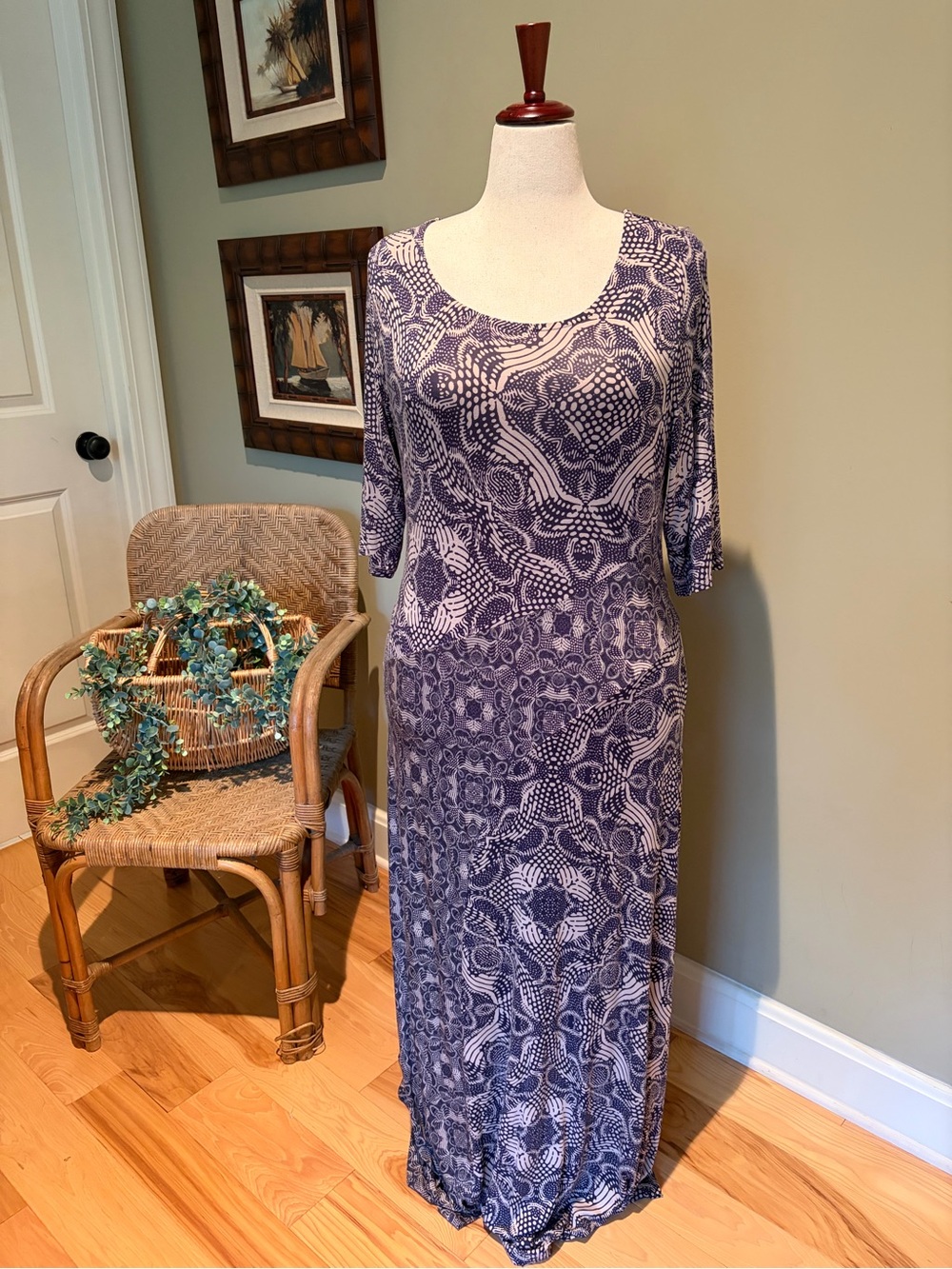 Soft Surroundings Slipover Navy & Cream Abstract Print Maxi Dress, Elbow Sleeves